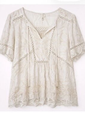 Feather Bone Anthropologie White Lace Peasant Top Eyelet Crochet Boho NWT $158